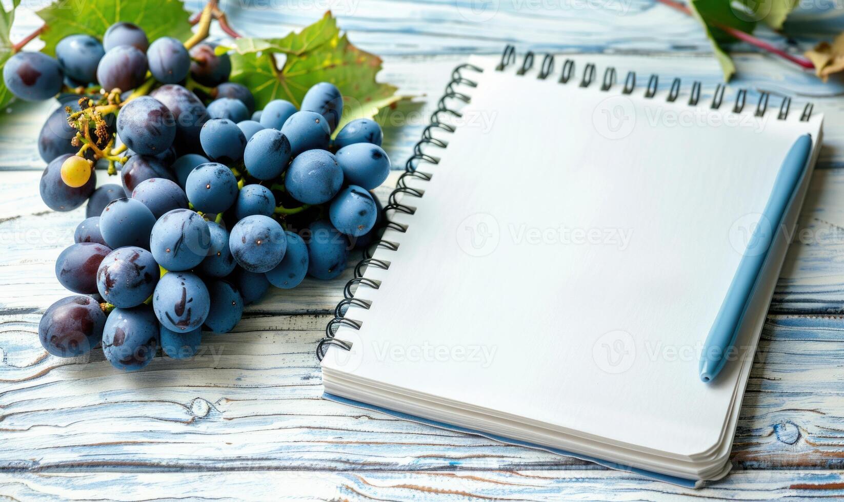 Closed notebook on a light gray table with a bunch of grapes photo
