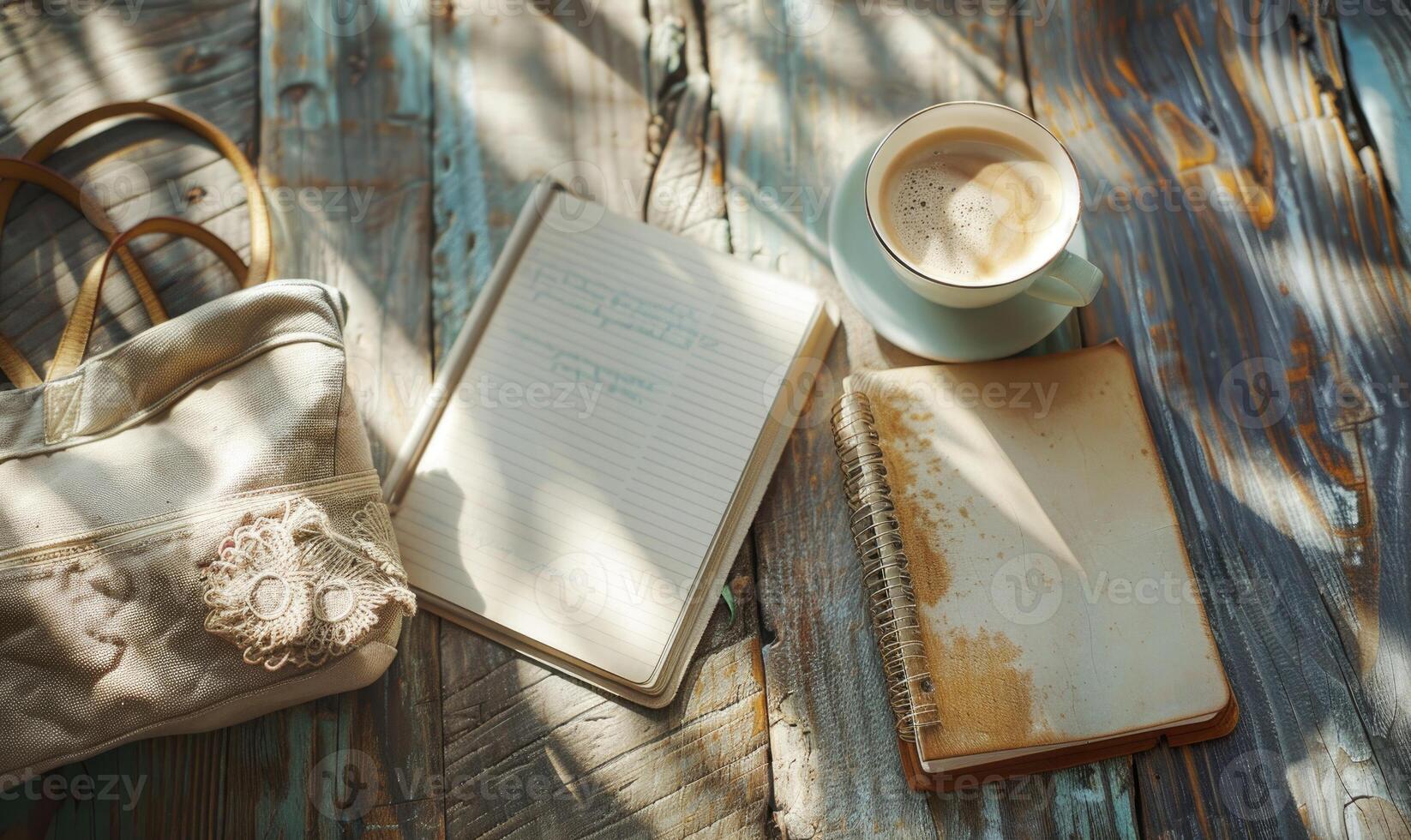 Notebook on a wooden table with a cup of tea and a handbag photo