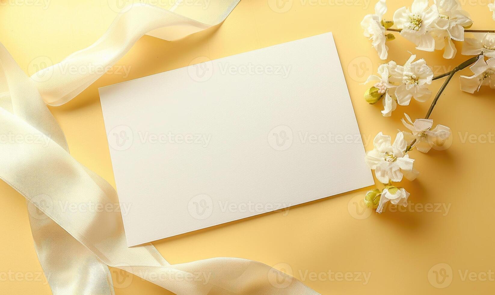 White blank card on a pastel yellow background, with a piece of lace and a small bouquet of wildflowers photo