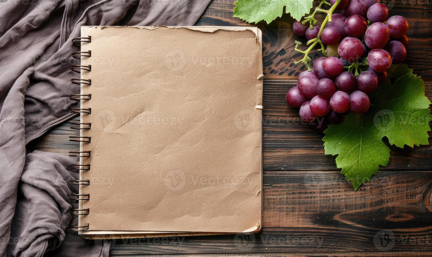 Closed notebook on a wooden table with a bunch of grapes photo