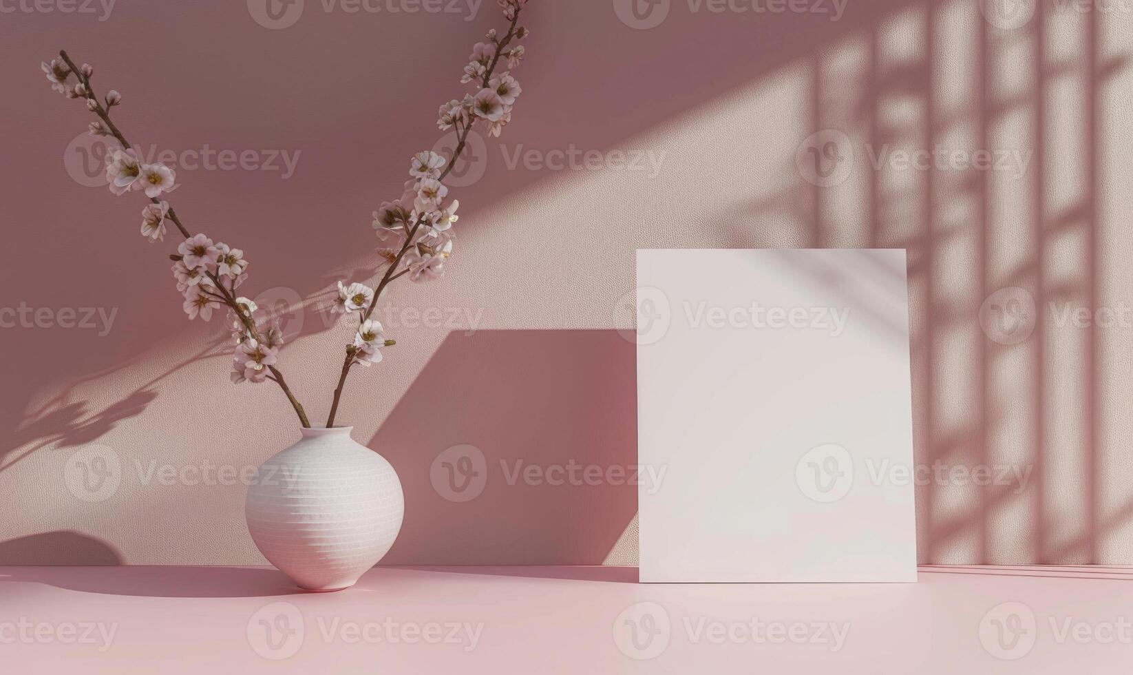 White blank card on a pastel rose pink table, with a ceramic vase and light pink flowers, soft lighting photo