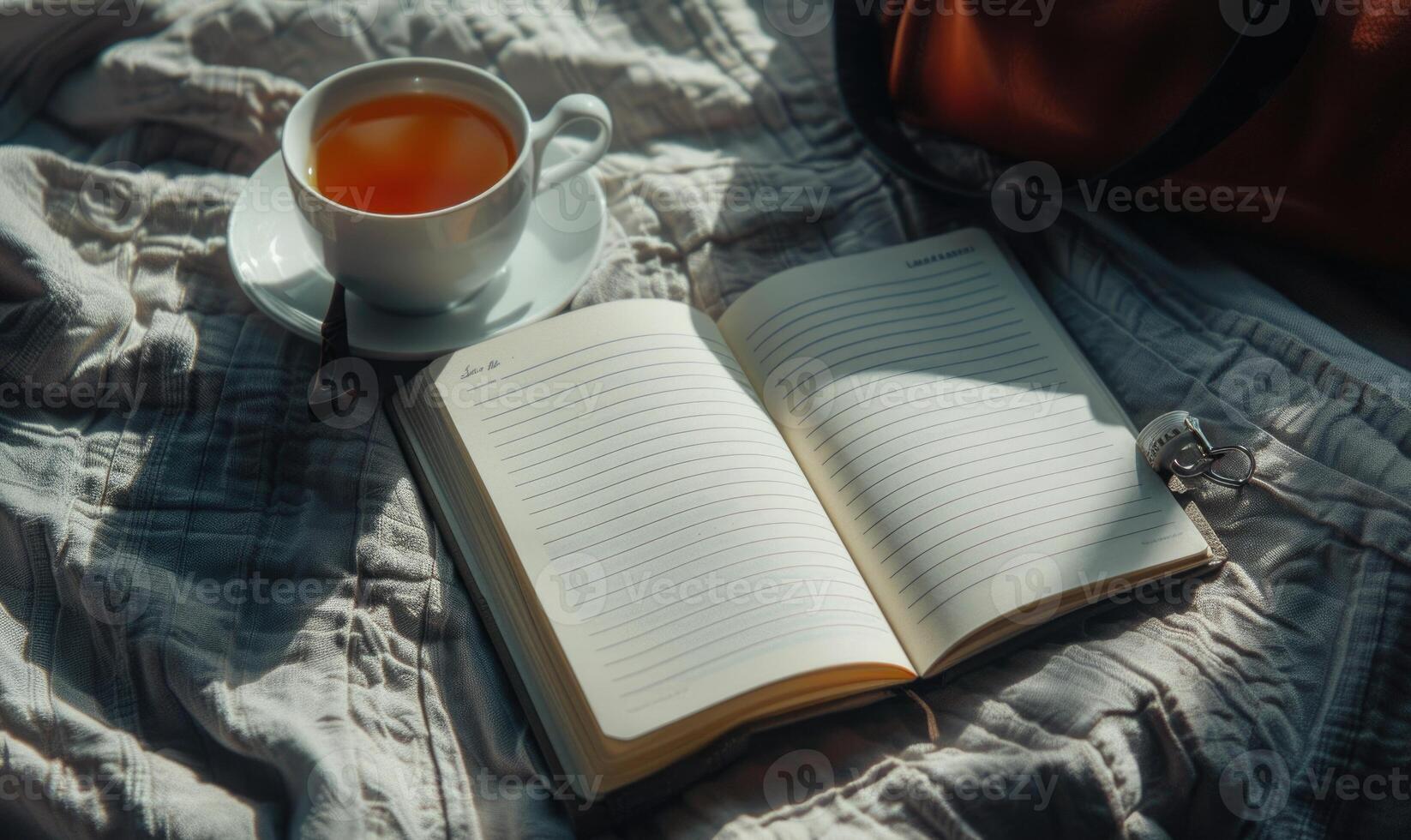 Closed notebook on a light gray table with a cup of coffee on the left and a handbag on the right photo