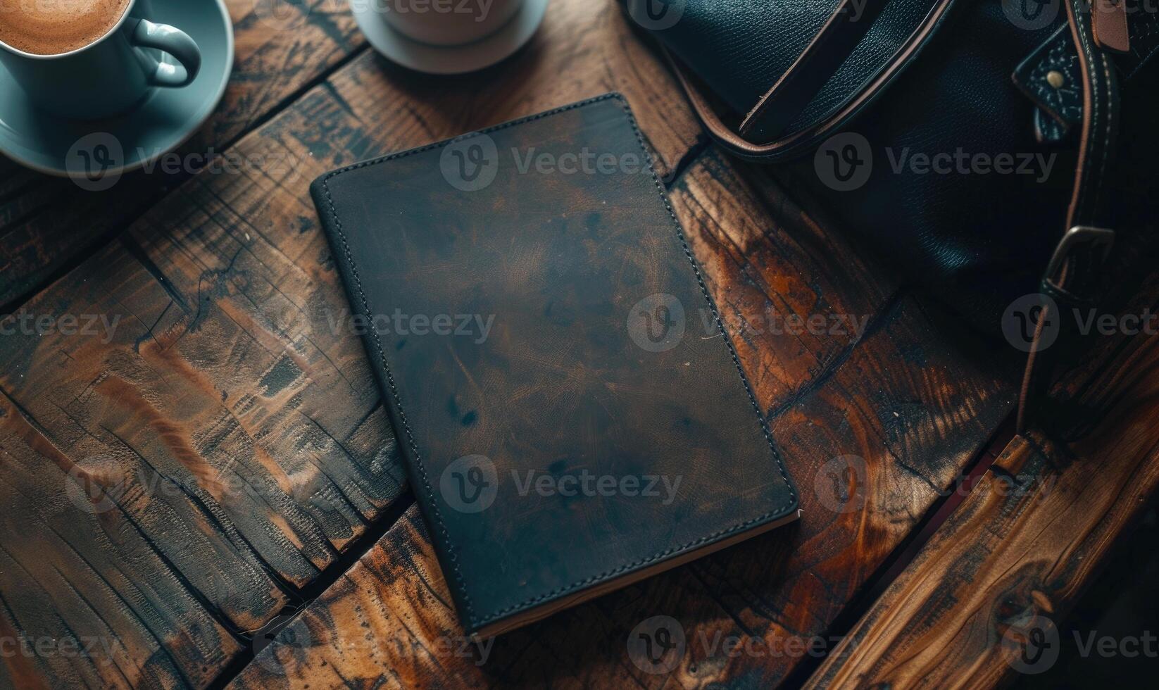 Notebook on a wooden table with a cup of tea and a handbag photo