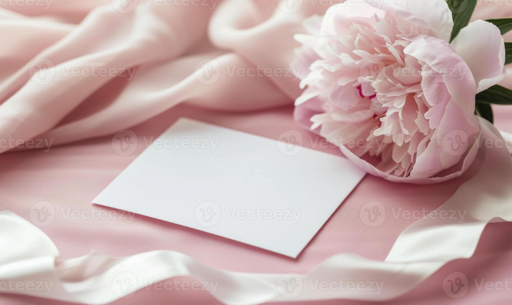 White blank card on a pastel rose pink table, with a piece of satin ribbon and a single peony flower photo