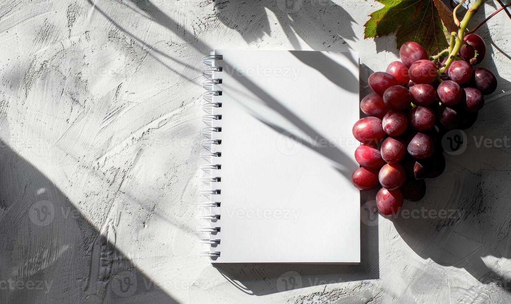 Closed notebook on a light gray table with a bunch of grapes photo