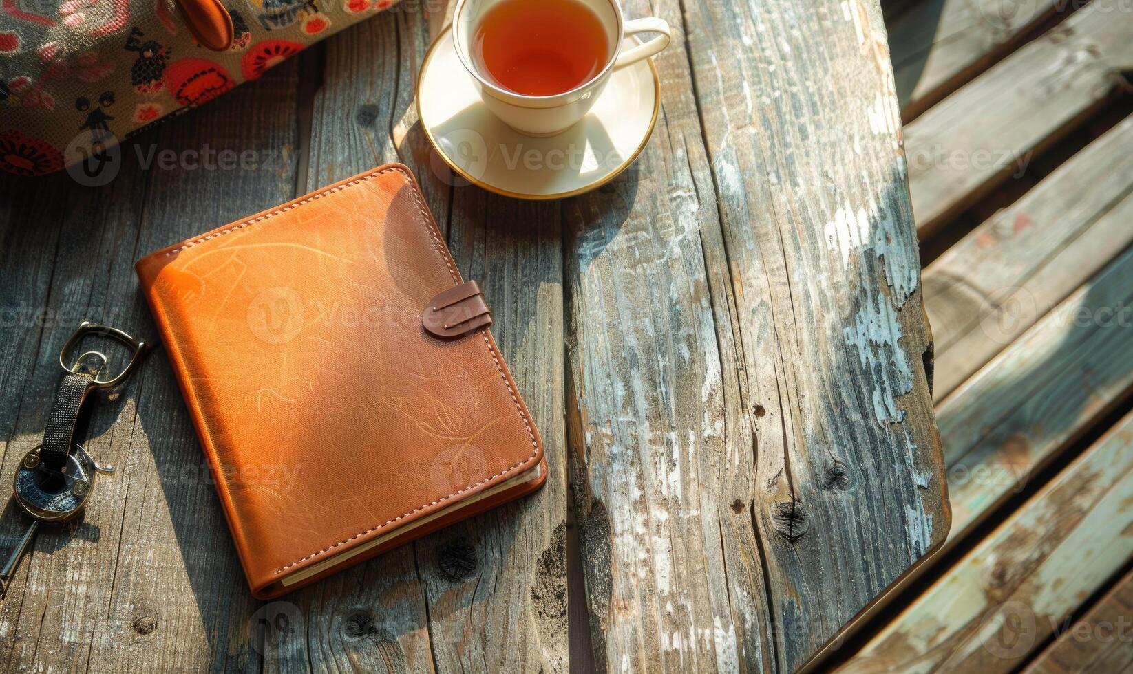 Notebook on a wooden table with a cup of tea and a handbag photo