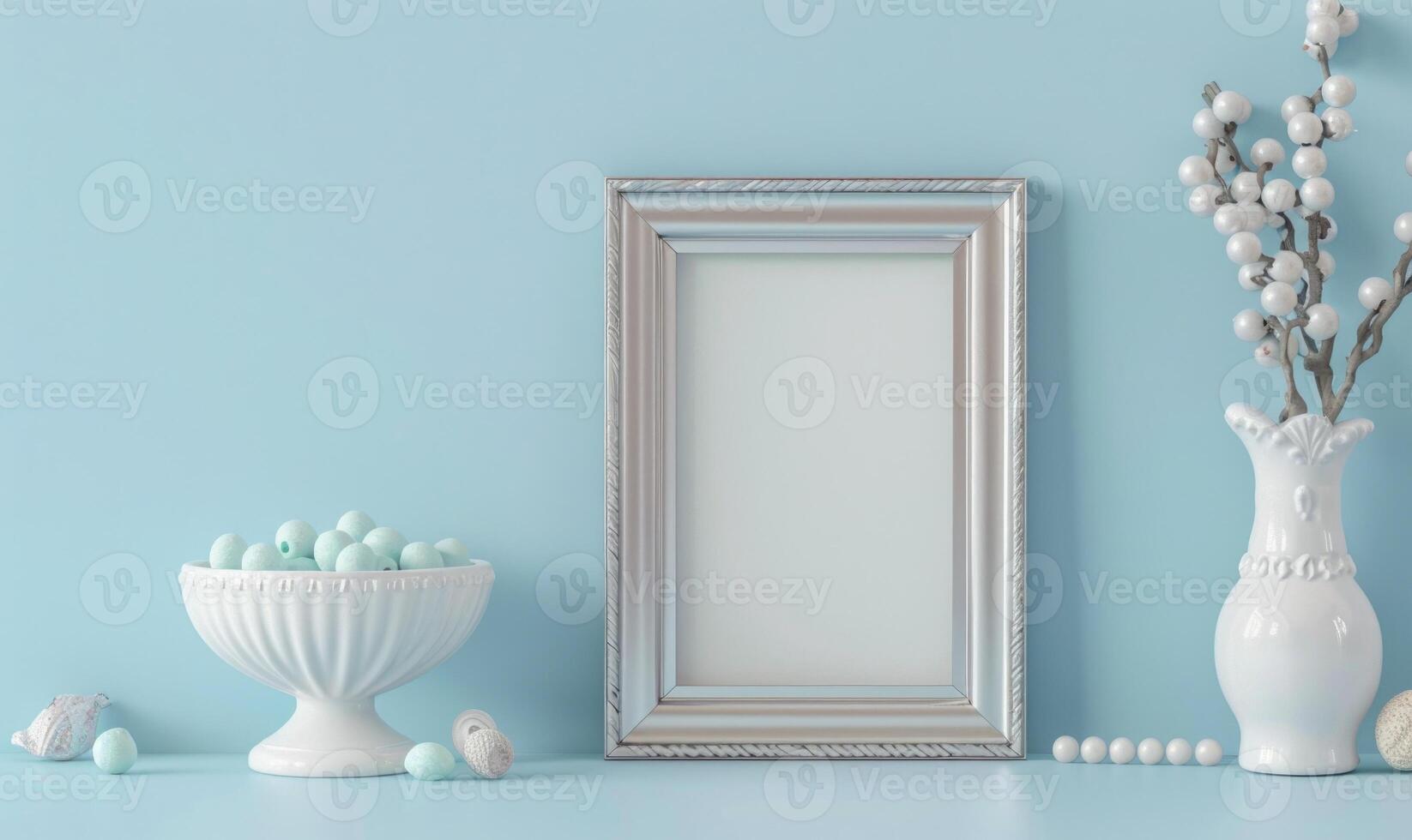 White blank card in a silver frame on a pastel sky blue table, with a white ceramic bowl and pastel colored beads photo