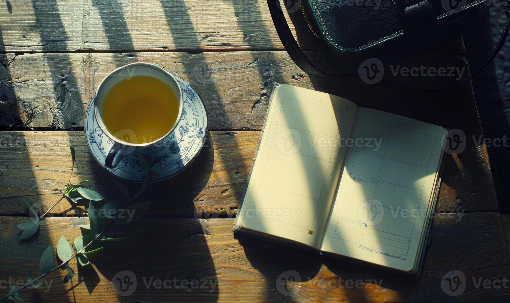 Notebook on a wooden table with a cup of tea and a handbag photo