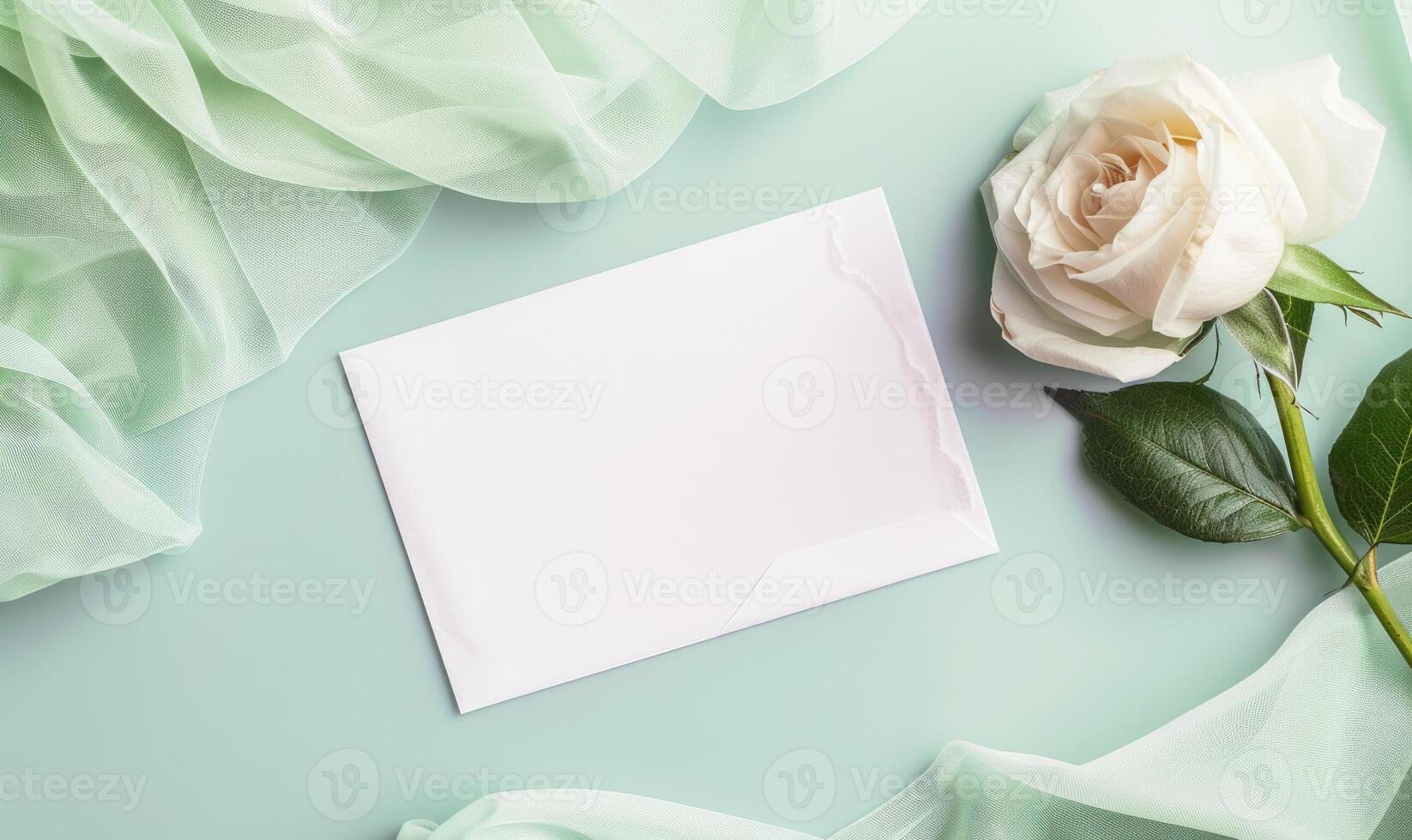 White blank card on a pastel mint green table, with a piece of chiffon fabric and a single white rose photo