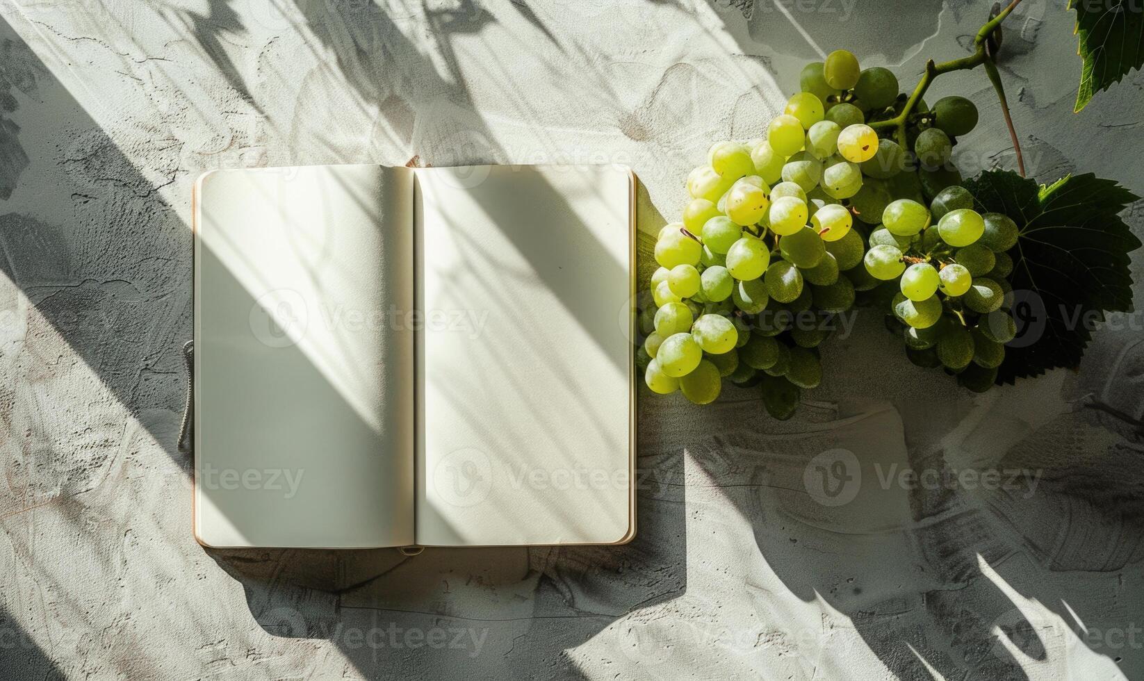 Closed notebook on a light gray table with a bunch of grapes photo