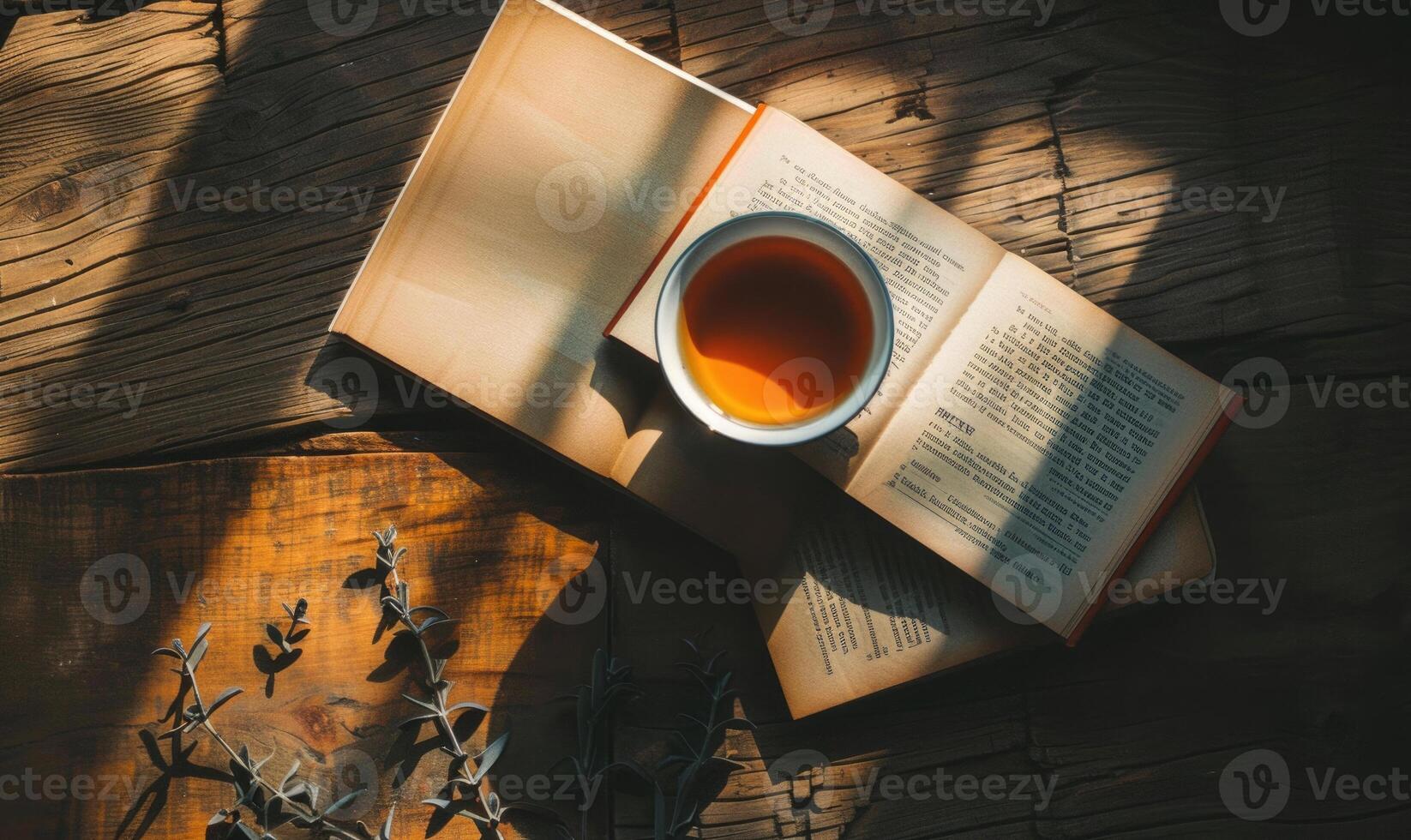 Stack of books on a wooden table with a cup of tea next to it, shadow from window, top view photo