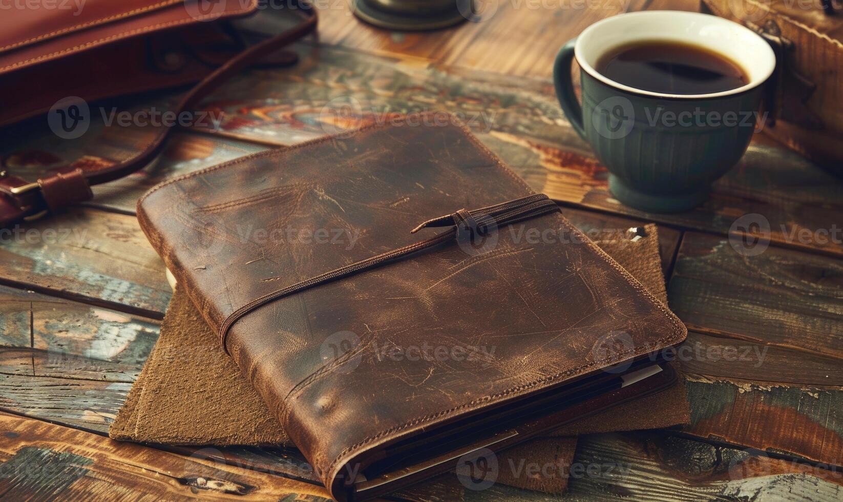 Notebook on a wooden table with a cup of tea and a handbag photo