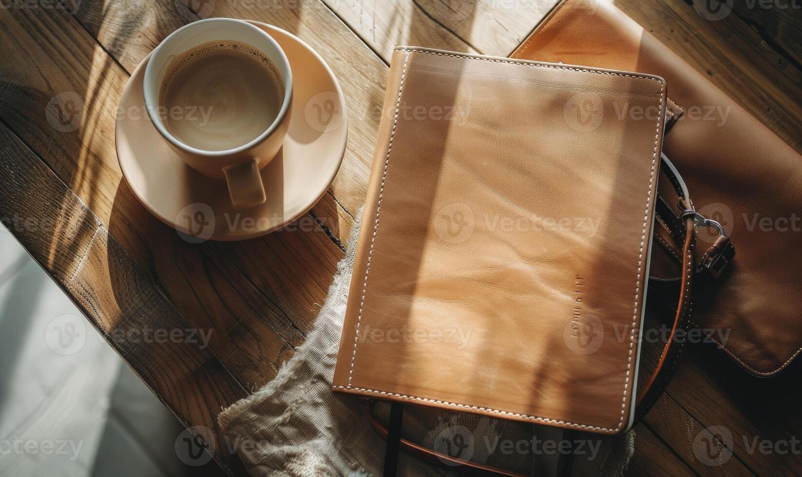 Notebook on a wooden table with a cup of tea and a handbag photo