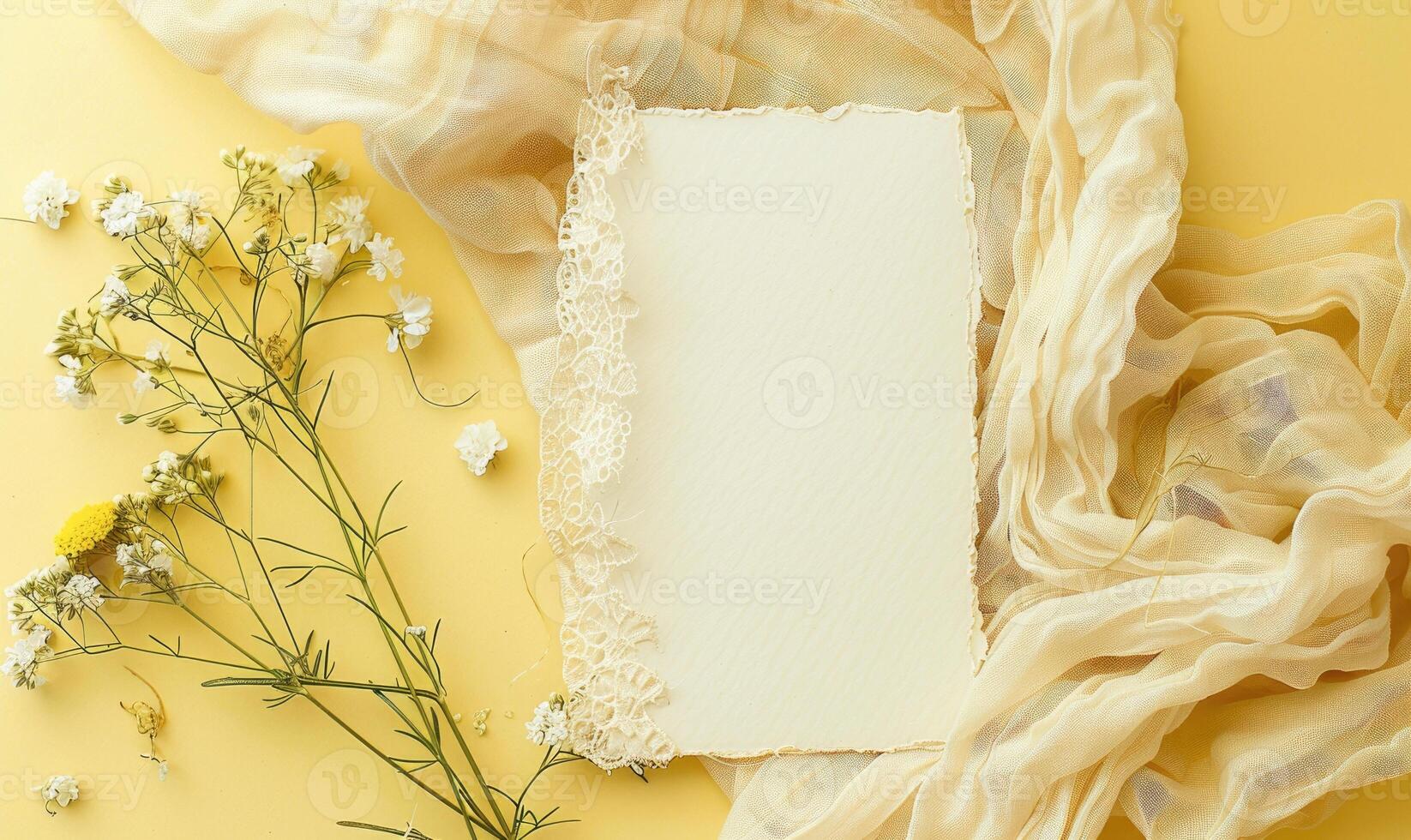 White blank card on a pastel yellow background, with a piece of lace and a small bouquet of wildflowers photo