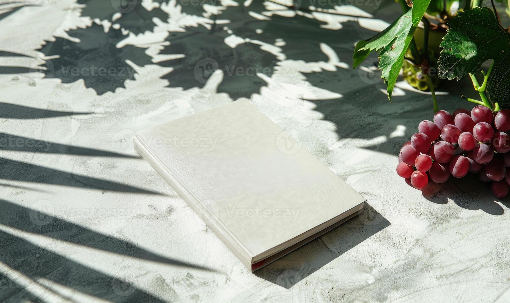 Closed notebook on a light gray table with a bunch of grapes on the right photo