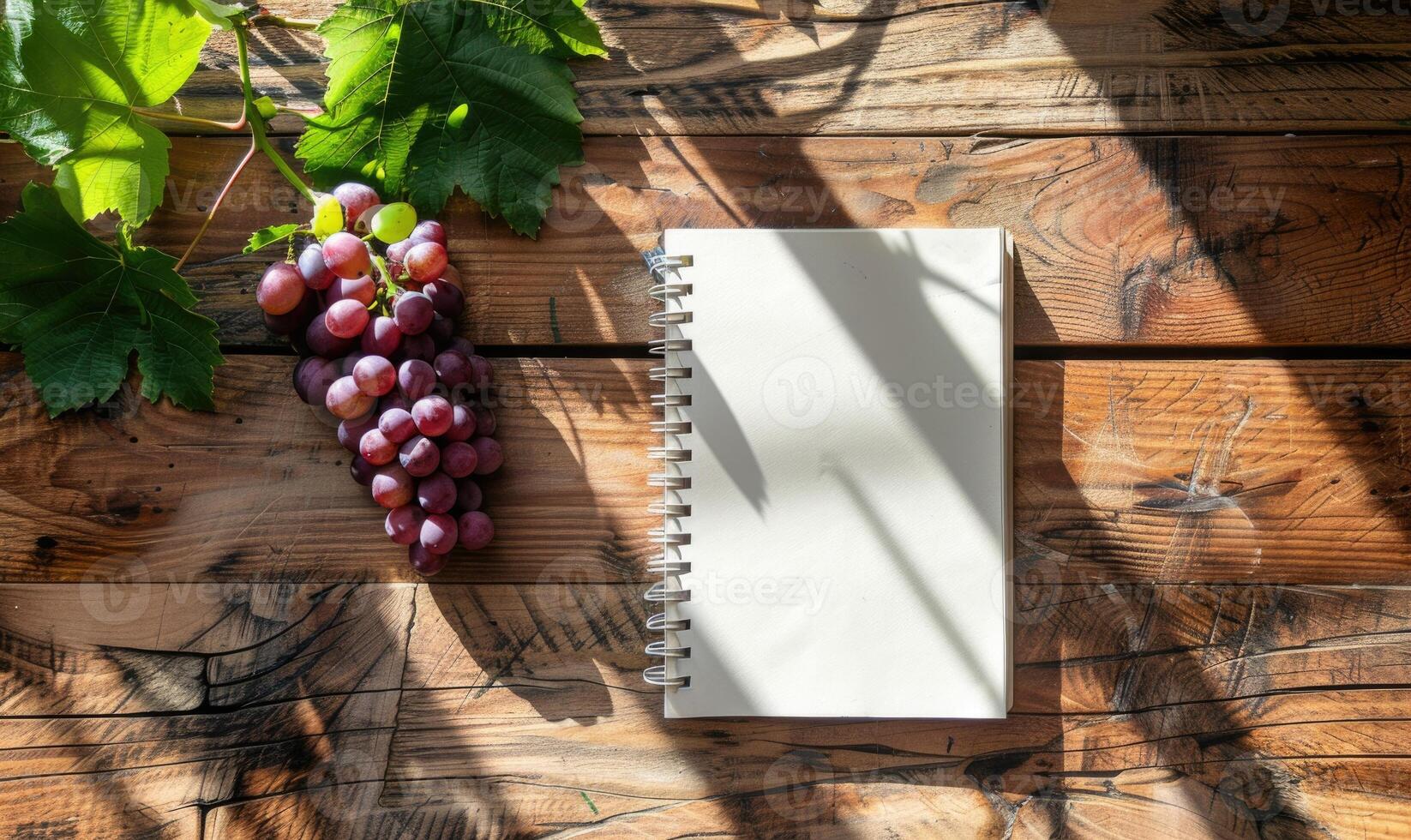 Notebook on a wooden table with a bunch of grapes photo