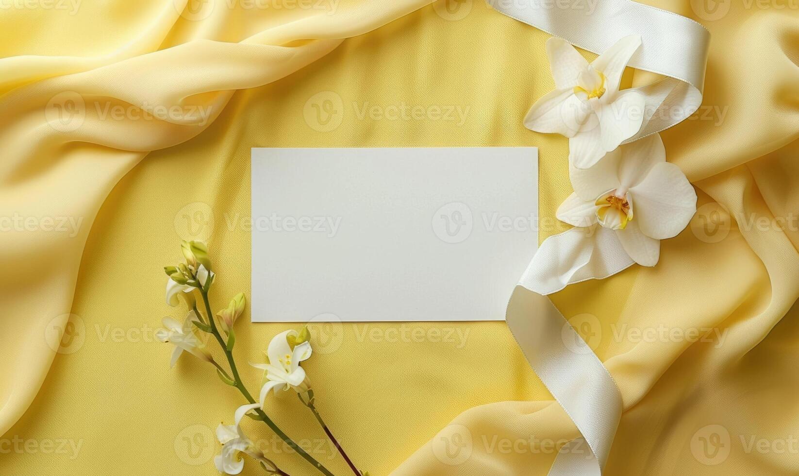 White blank card on a pastel yellow background, with a piece of lace and a small bouquet of wildflowers photo