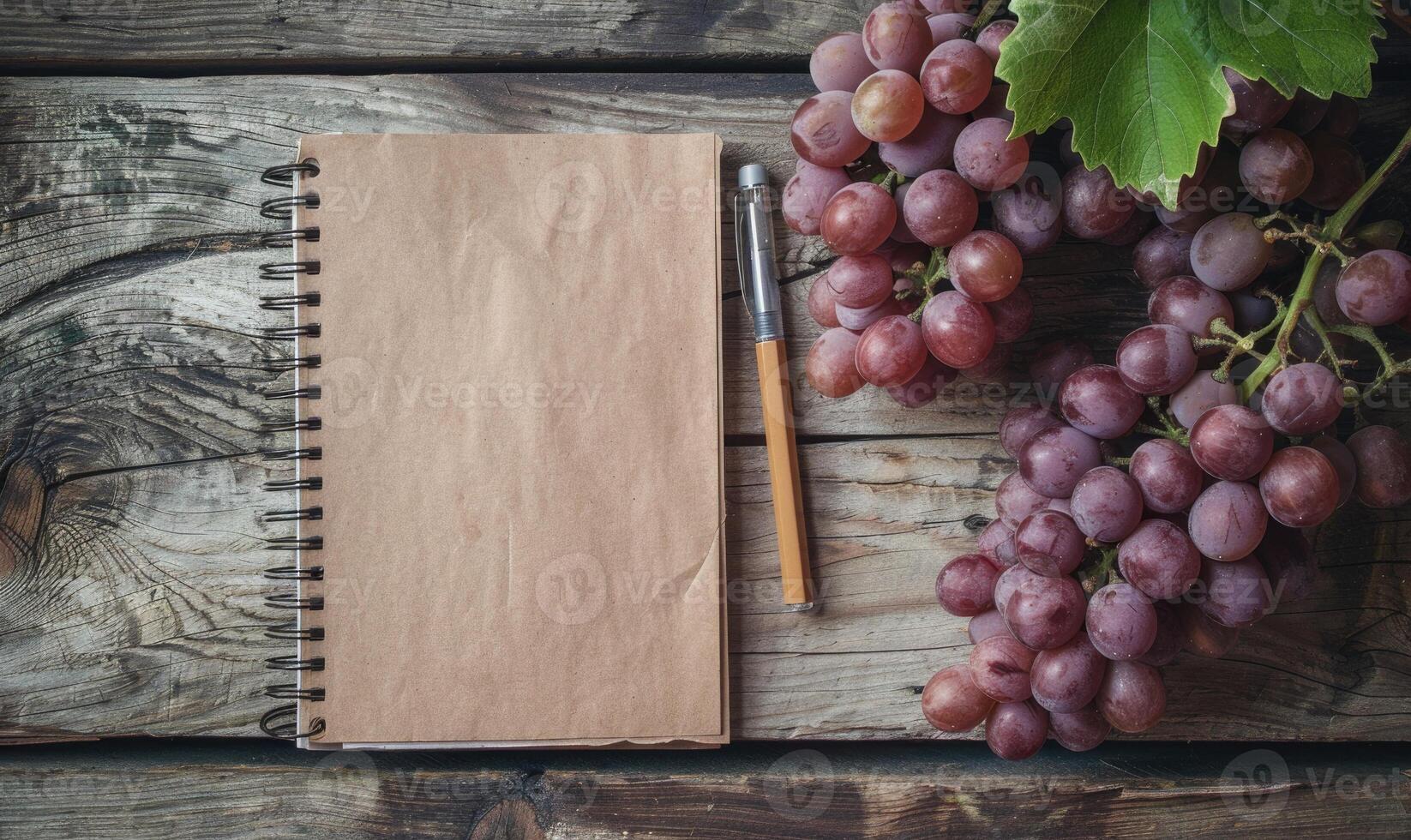 Notebook on a wooden table with a bunch of grapes photo