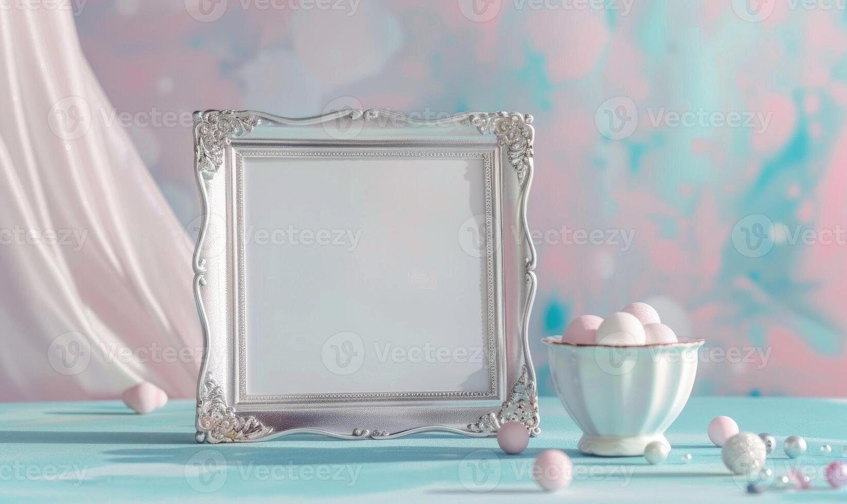 White blank card in a silver frame on a pastel sky blue table, with a white ceramic bowl and pastel colored beads photo