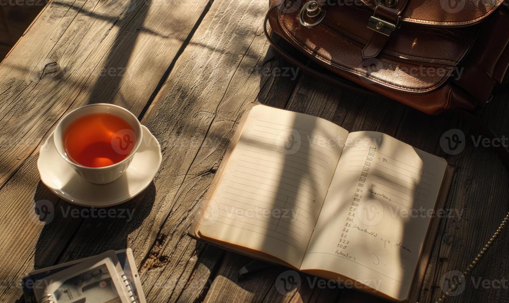 Notebook on a wooden table with a cup of tea and a handbag photo