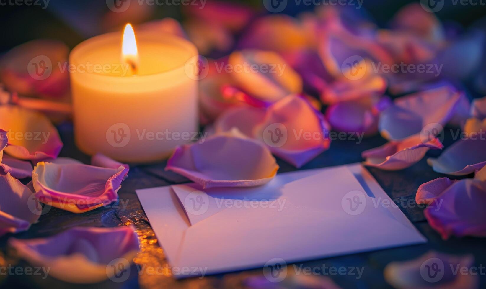 White blank card on a pastel lavender table, with a scattering of petals and a lit candle photo