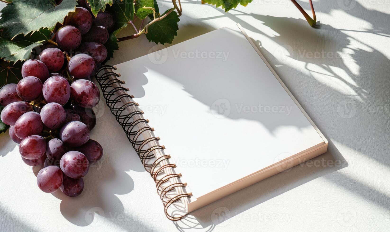 Closed notebook on a white table with a bunch of grapes photo