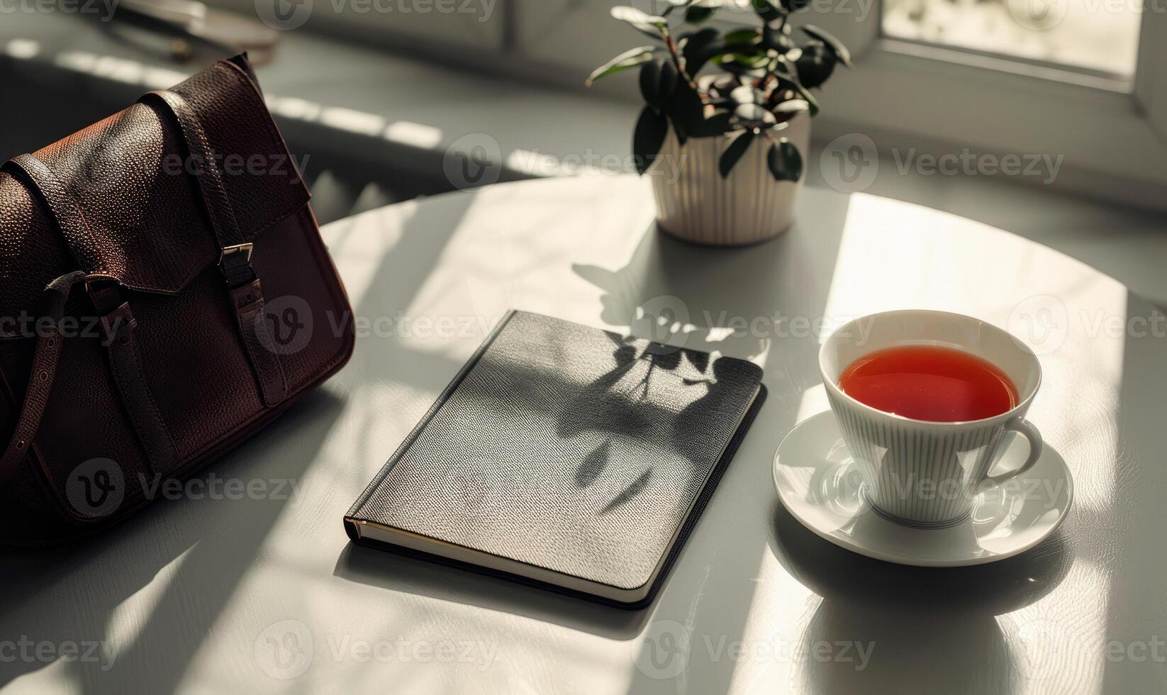 Closed notebook on a light gray table with a cup of tea and a handbag photo