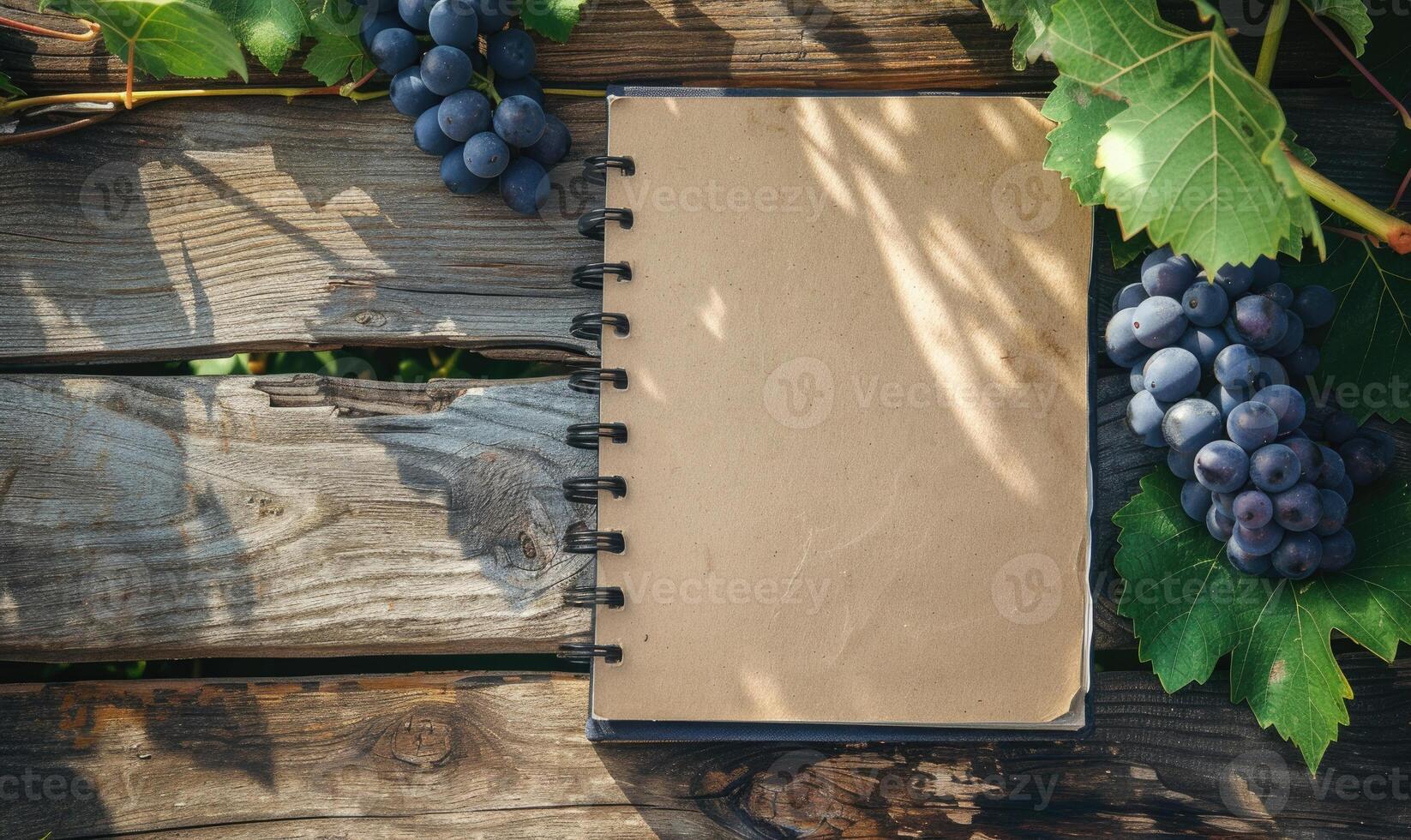 Notebook on a wooden table with a bunch of grapes photo