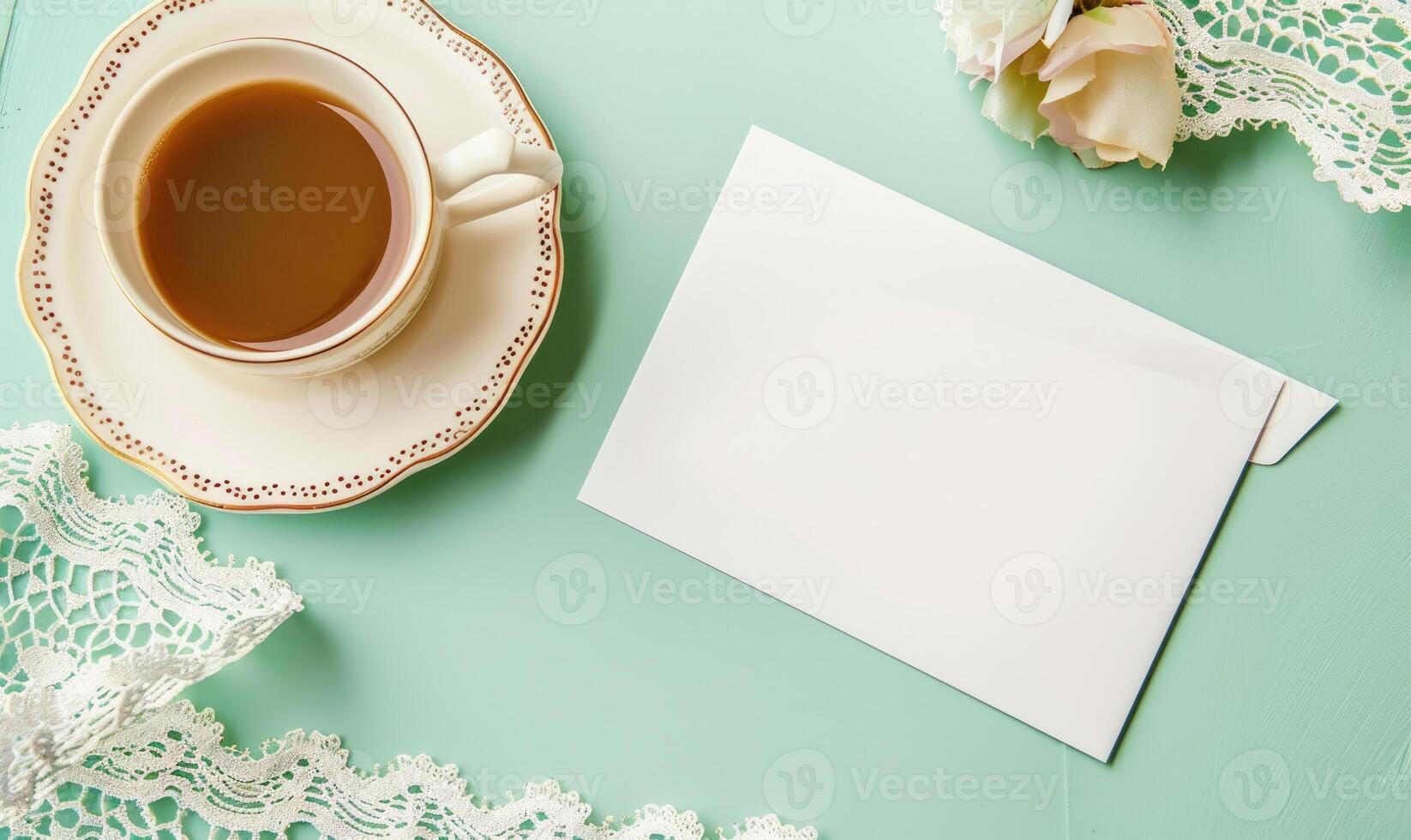 White blank card on a pastel green table, with a cup of coffee photo