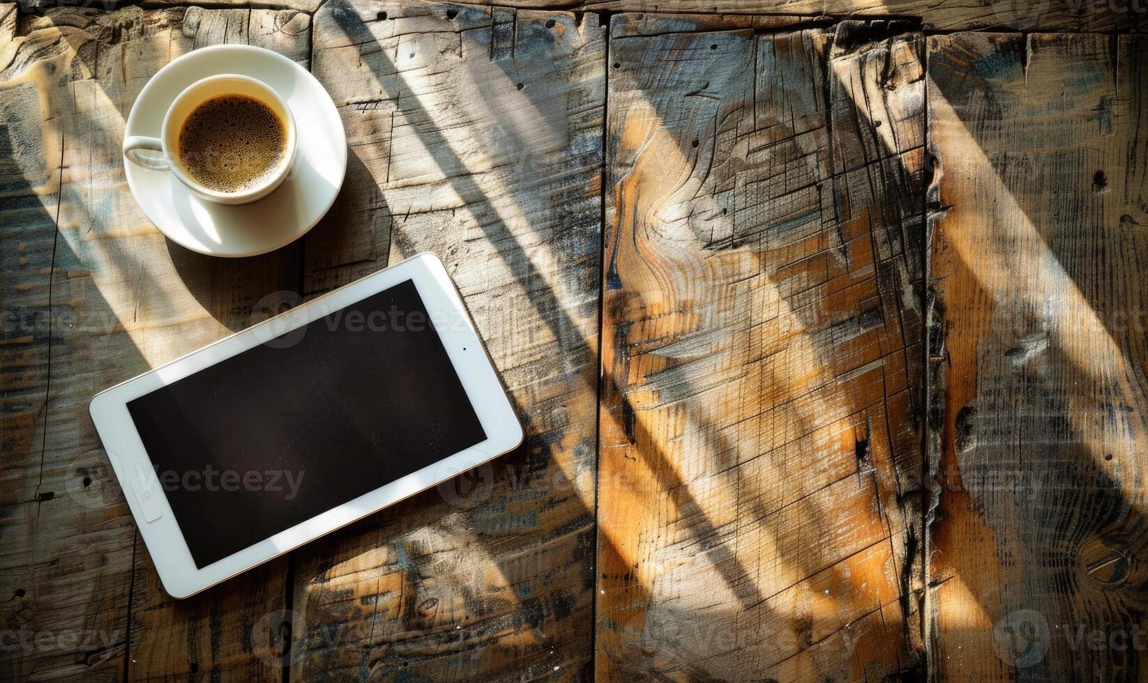 Tablet on a wooden table with a cup of coffee on the left photo