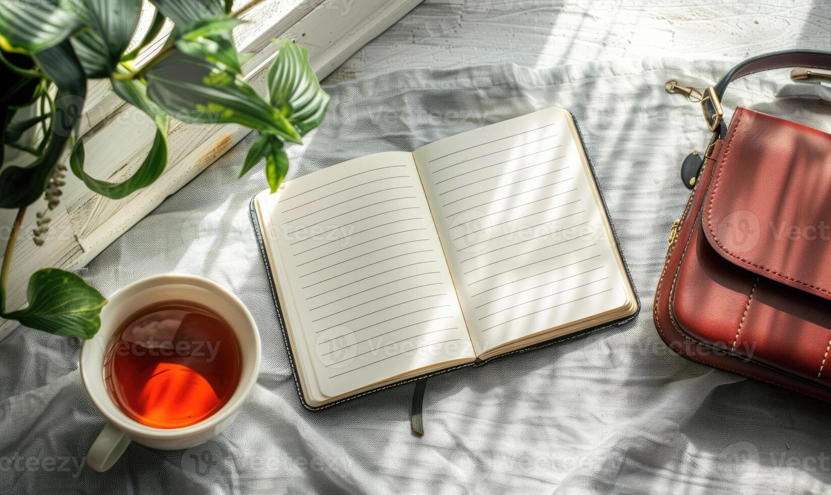 Closed notebook on a light gray table with a cup of tea and a handbag photo