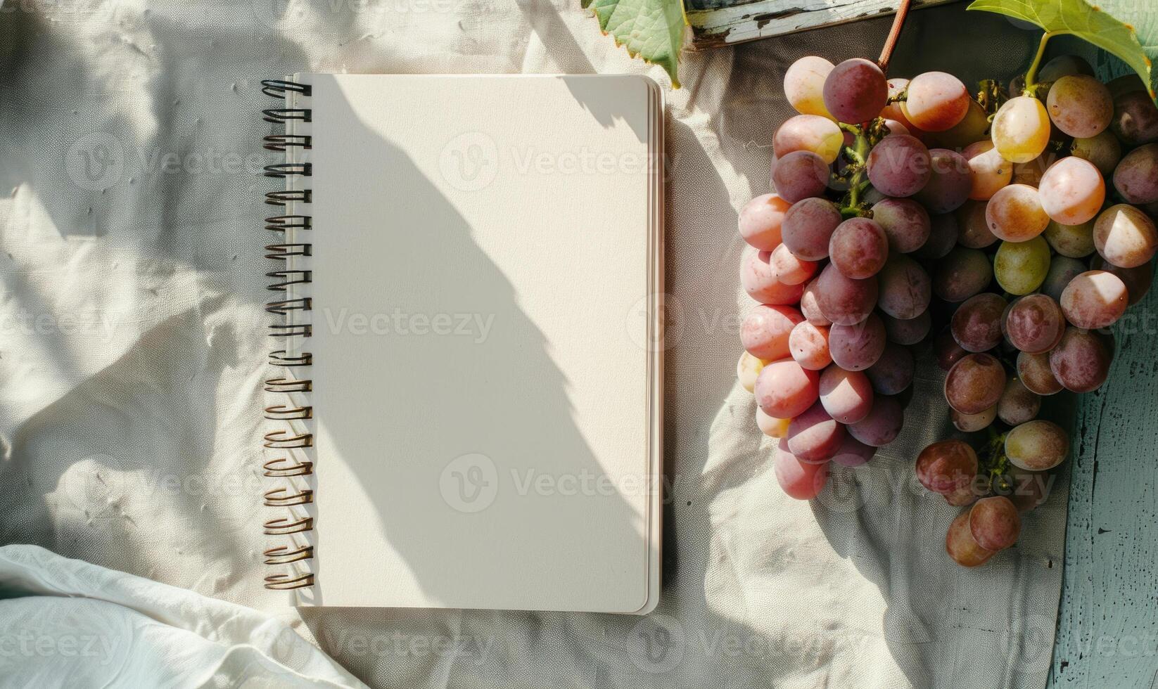 Closed notebook on a light gray table with a bunch of grapes photo