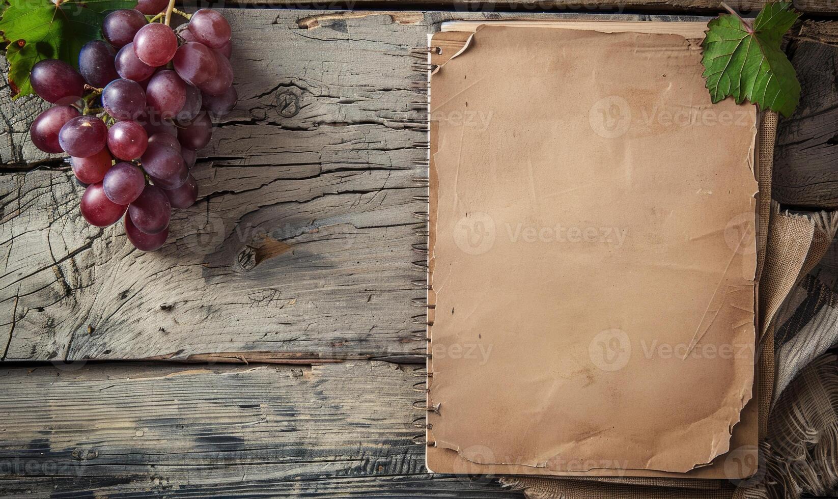 Notebook on a wooden table with a bunch of grapes photo