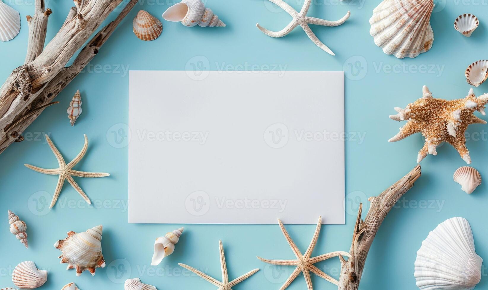 White blank card on a pastel sky blue background, with a small collection of seashells and a piece of driftwood photo