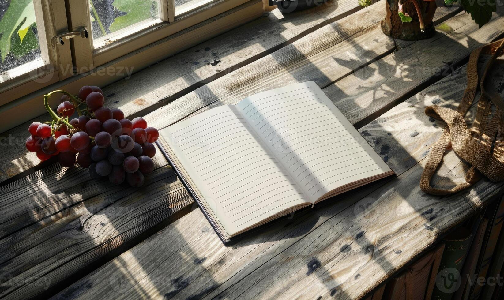 Notebook on a wooden table with a bunch of grapes photo