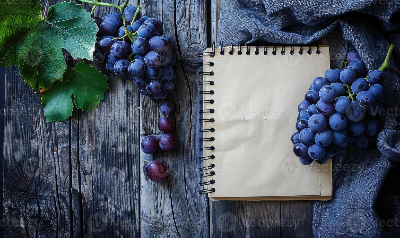 Notebook on a wooden table with a bunch of grapes photo