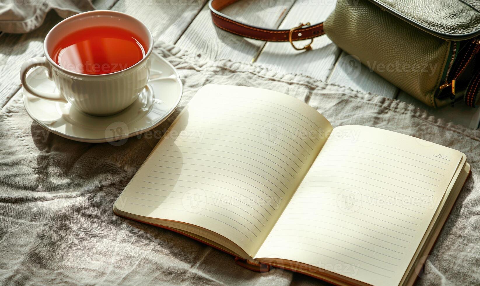 Closed notebook on a light gray table with a cup of tea and a handbag photo