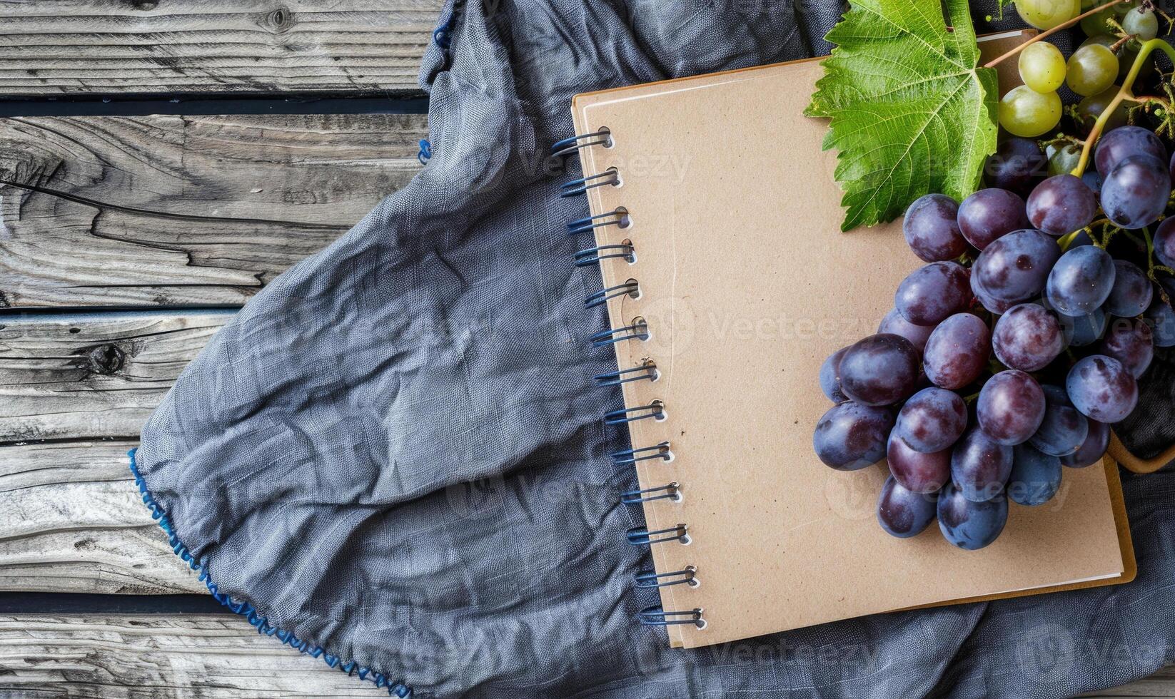Notebook on a wooden table with a bunch of grapes photo