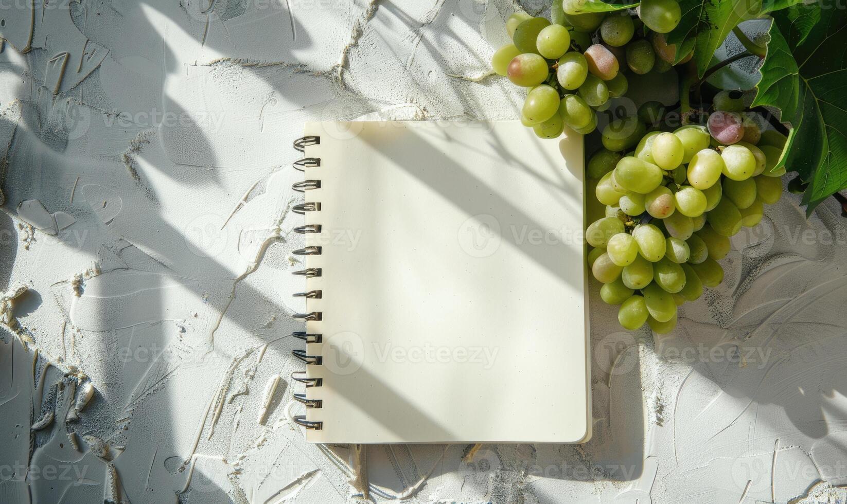 Closed notebook on a light gray table with a bunch of grapes photo