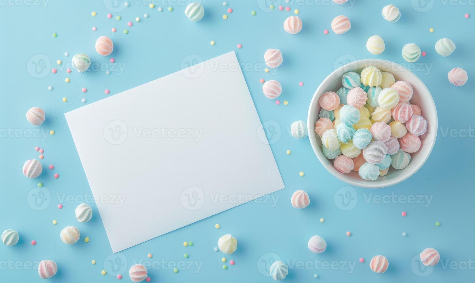 White blank card on a pastel sky blue background, with a small bowl of pastel colored candies photo