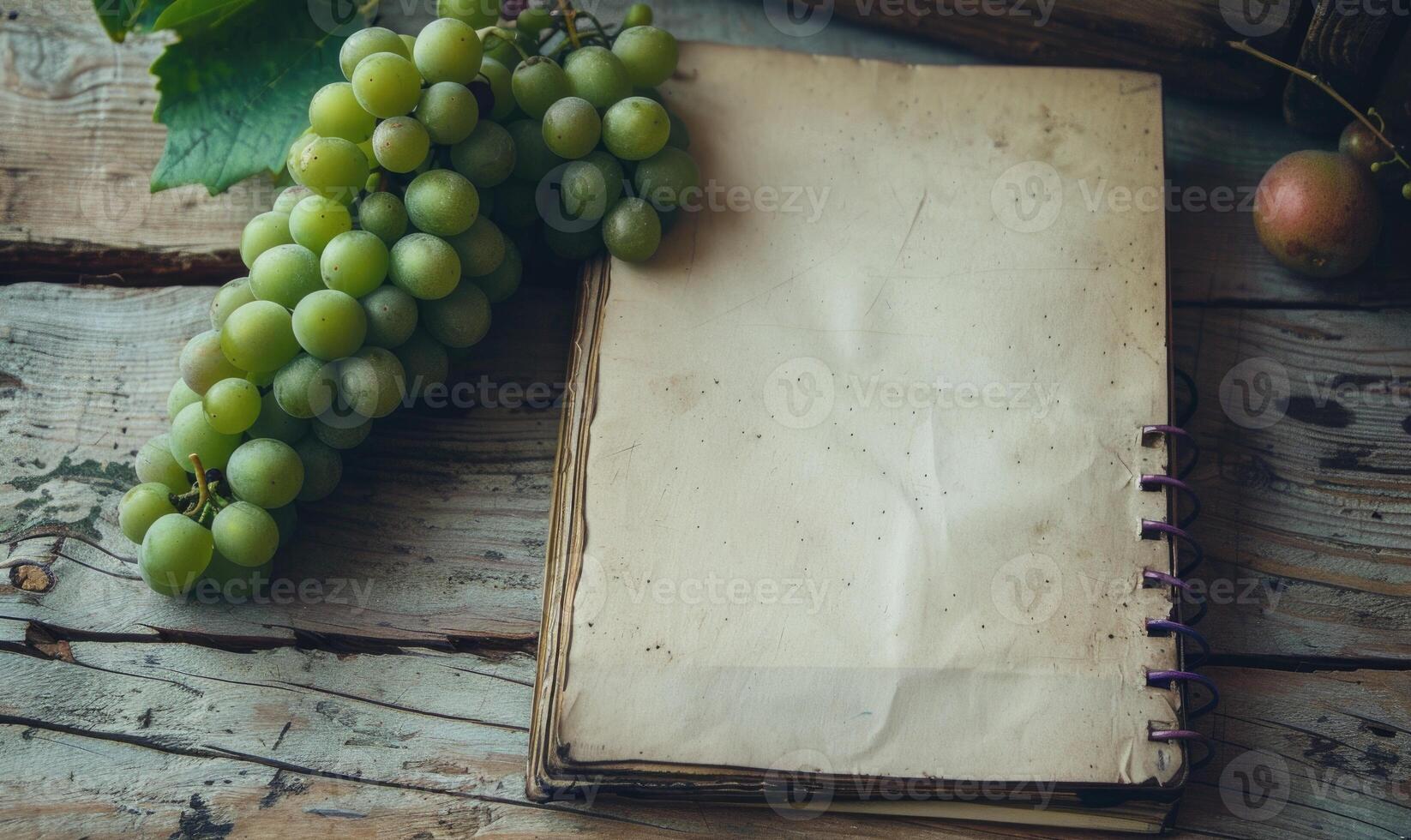 Notebook on a wooden table with a bunch of grapes photo