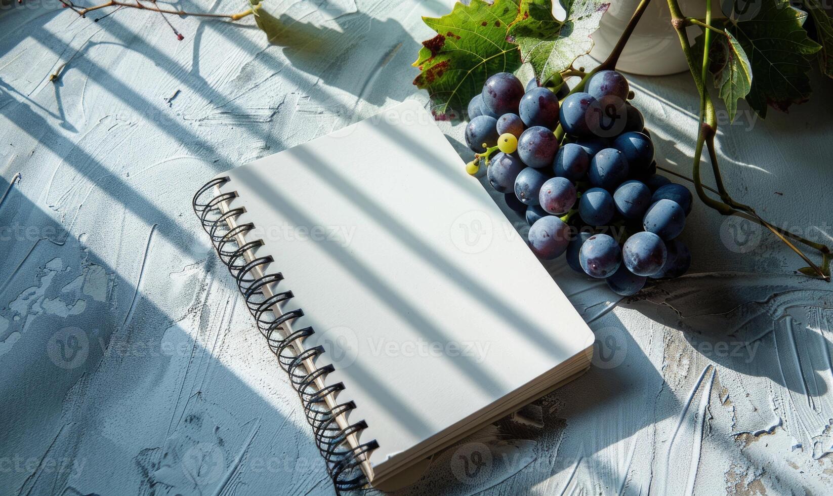 Closed notebook on a light gray table with a bunch of grapes photo