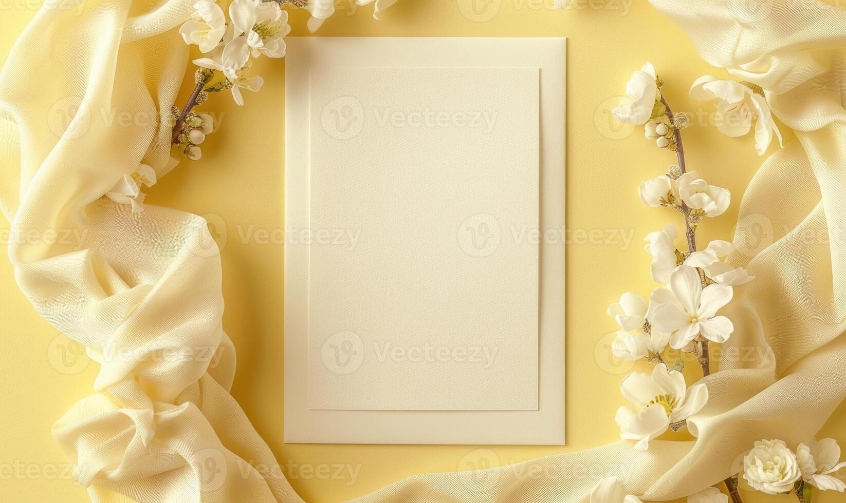 White blank card in an ivory frame on a pastel yellow background photo