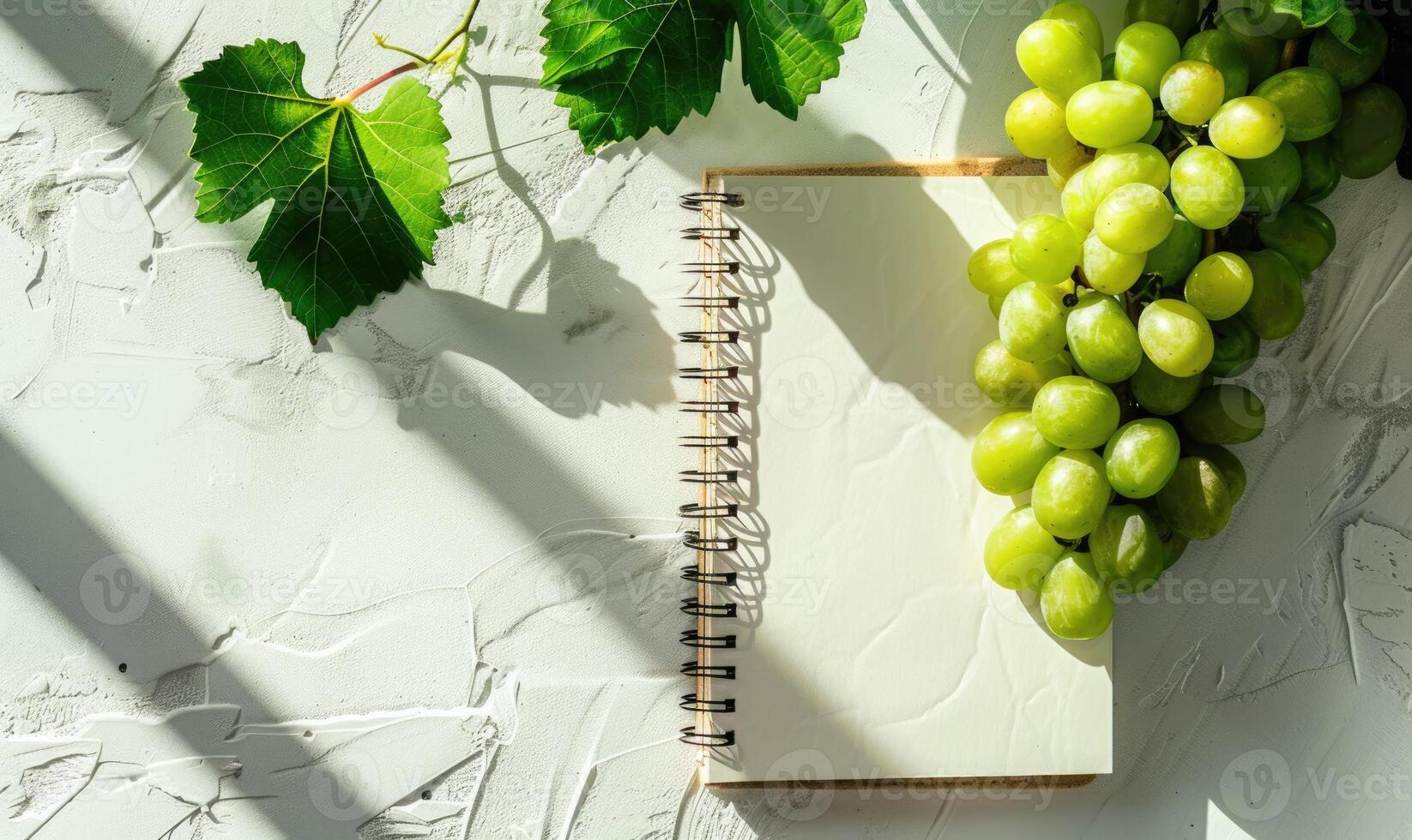 Closed notebook on a white table with a bunch of grapes photo
