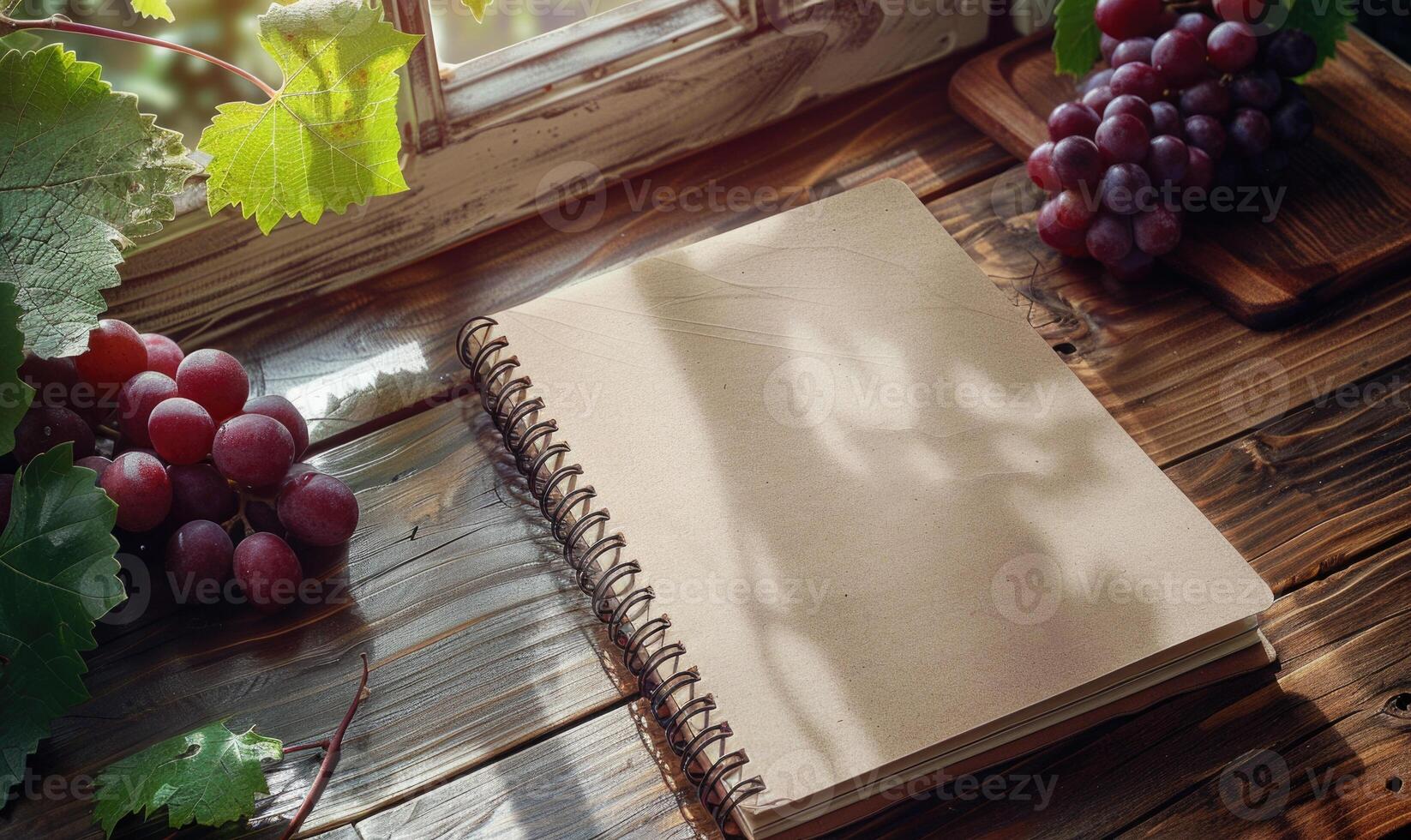 Notebook on a wooden table with a bunch of grapes photo