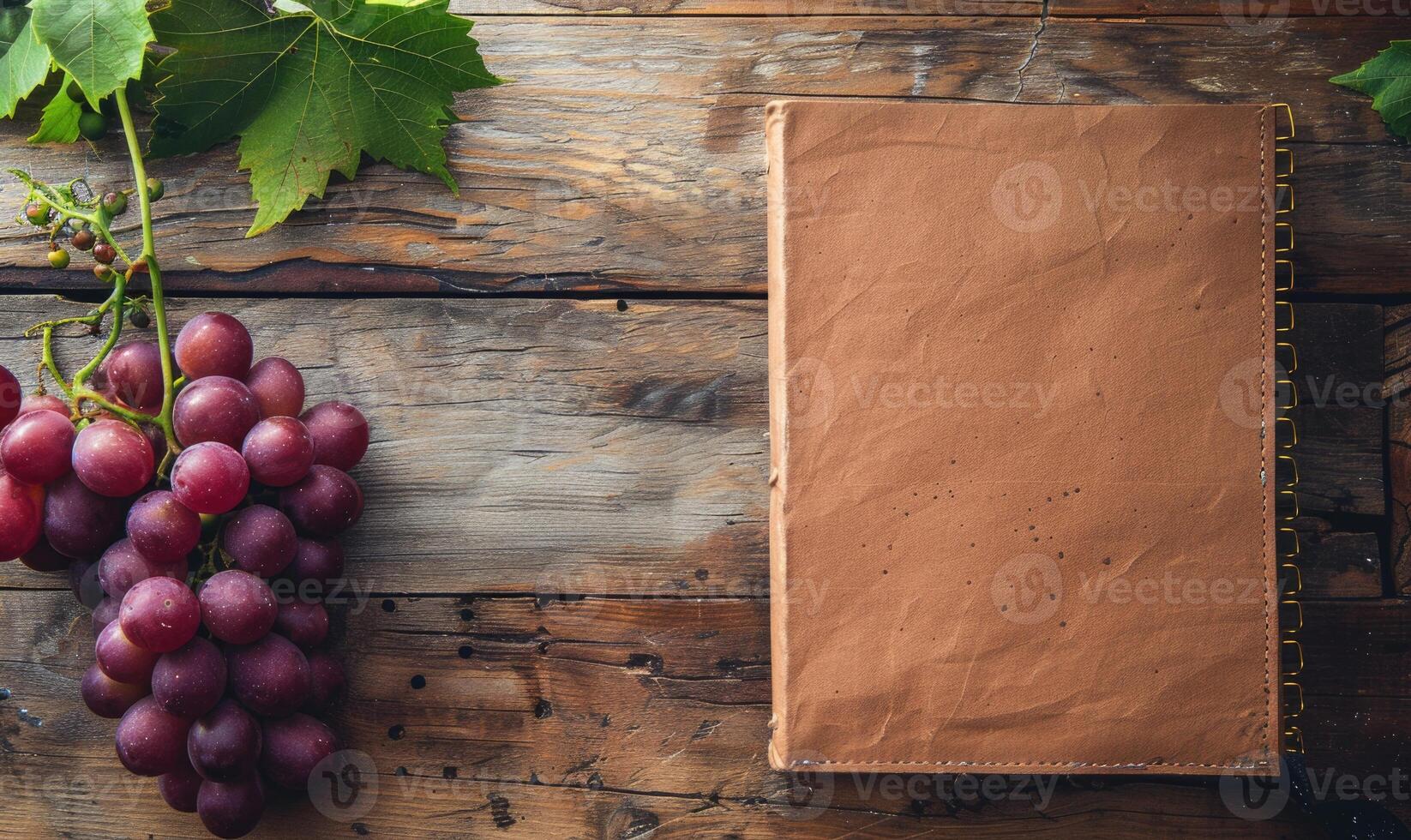 Notebook on a wooden table with a bunch of grapes photo