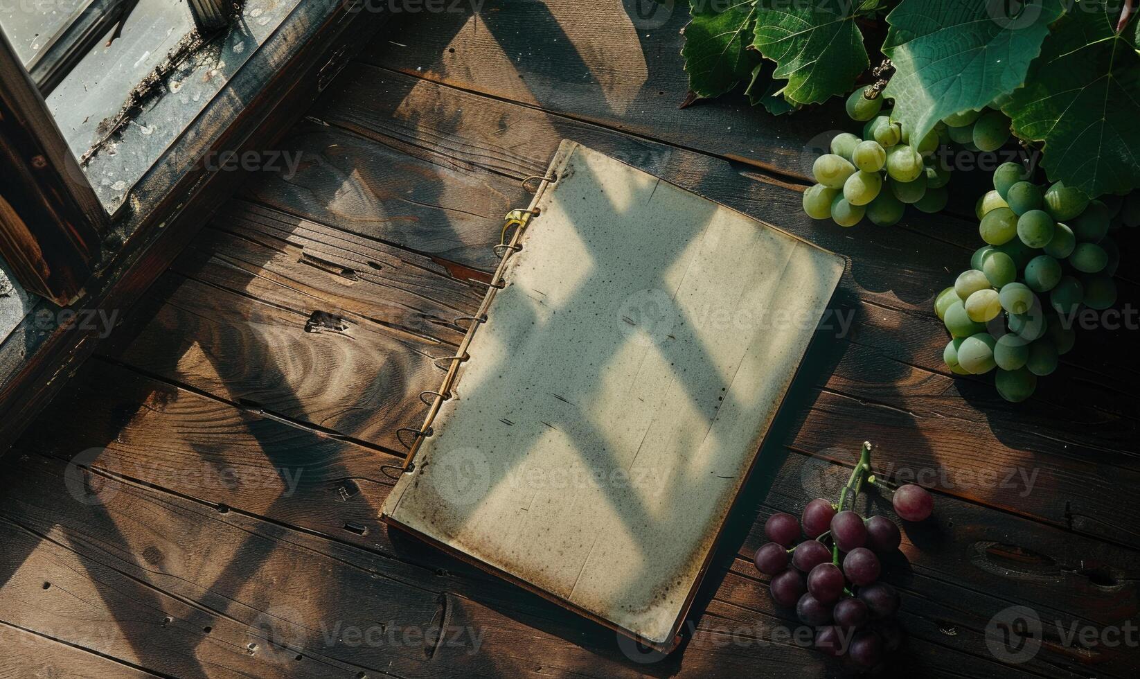 Notebook on a wooden table with a bunch of grapes photo