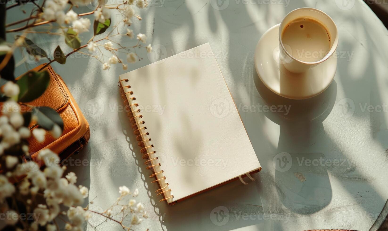 Closed notebook on a light gray table with a cup of coffee on the right and a handbag on the left photo