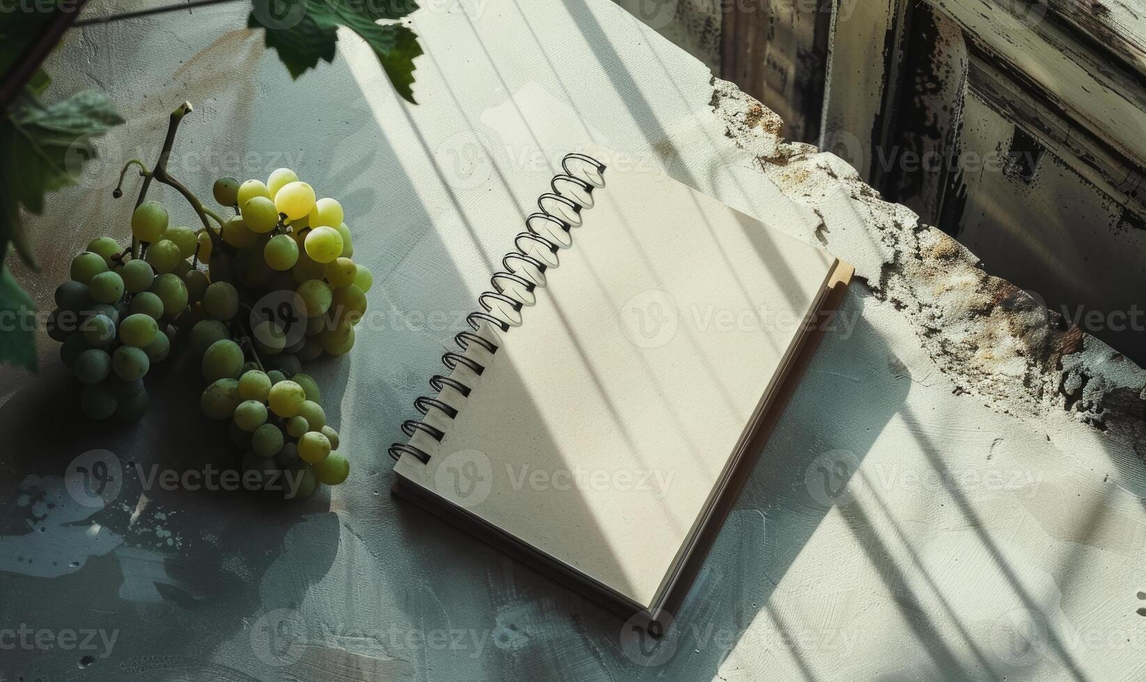 Closed notebook on a light gray table with a bunch of grapes photo