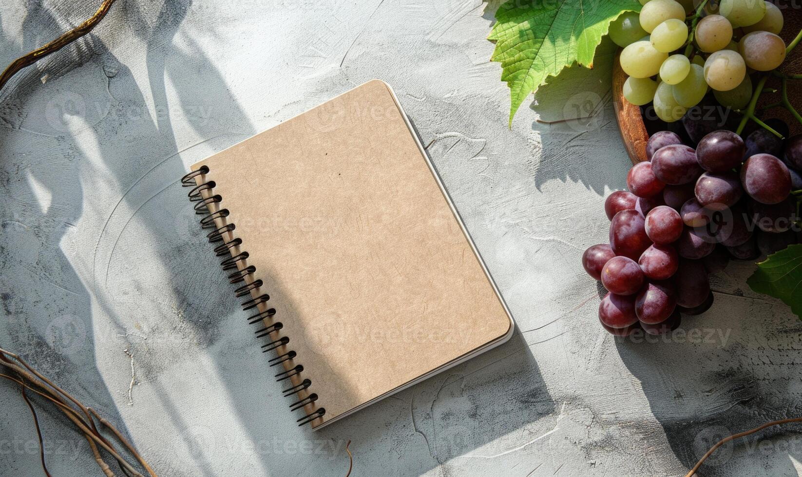 Closed notebook on a light gray table with a bunch of grapes photo
